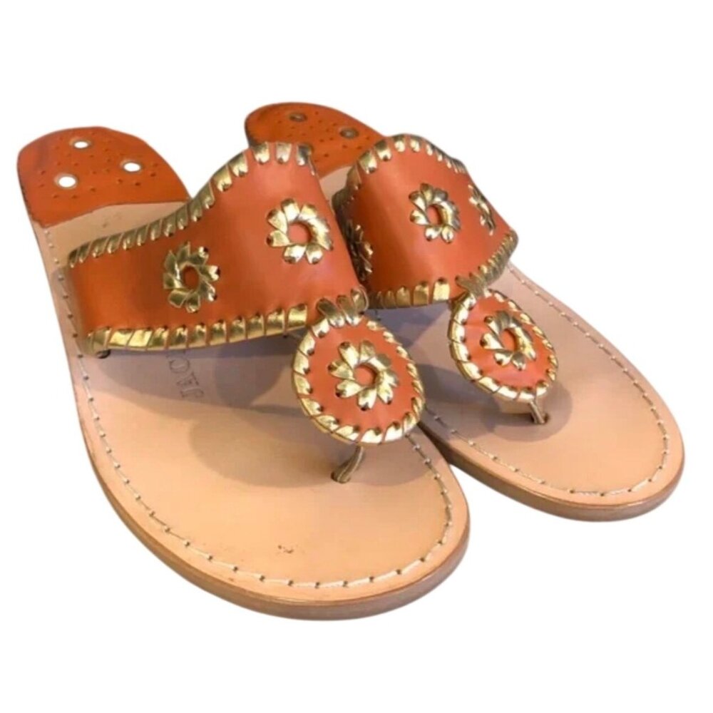 Jack Rogers Coral Wedge Thong Sandals Brown Leather Gold Stitching Womens 7.5